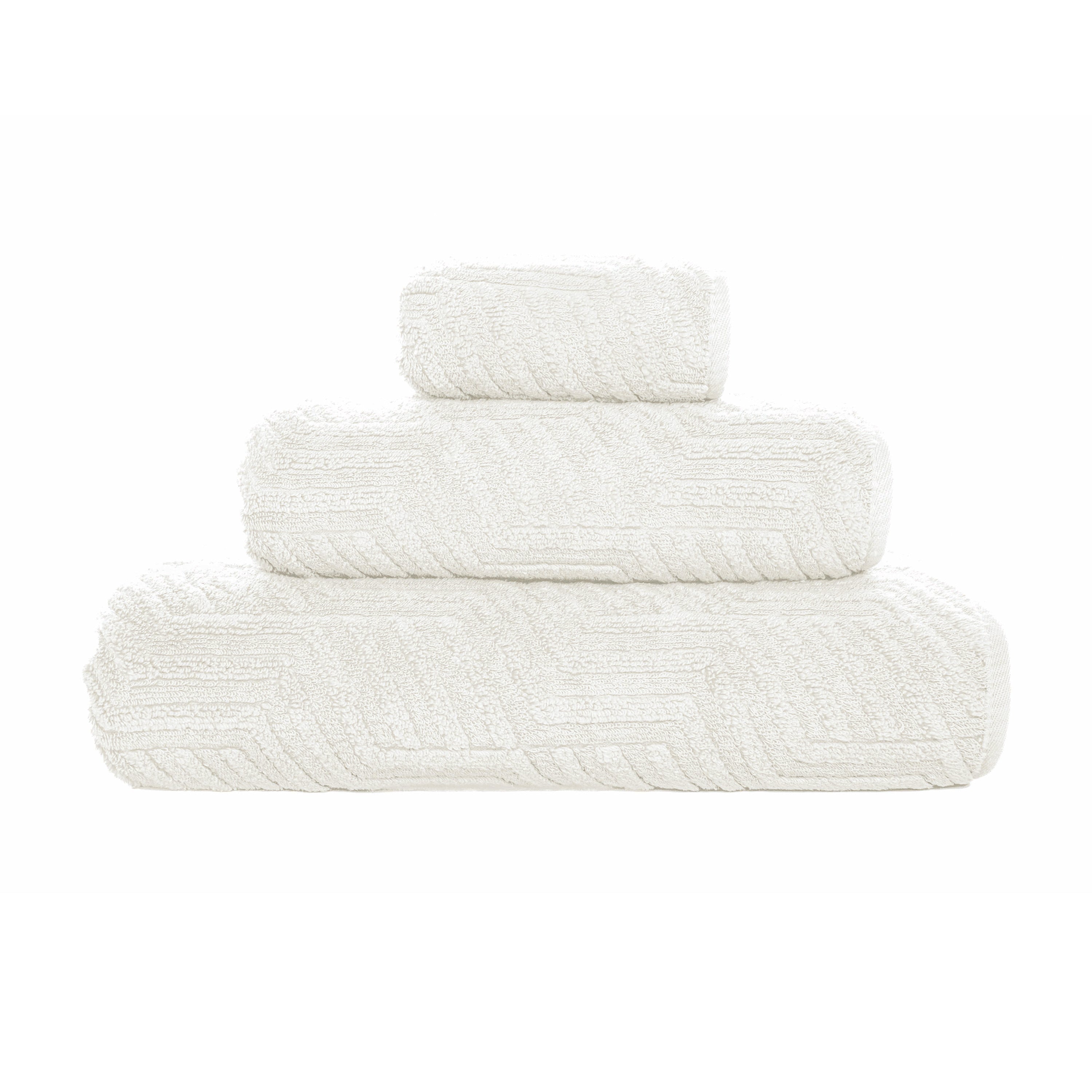 White Villari towel made from 100% cotton with Zero Twist yarn, 3D texture, 730 GSM, pre-washed and pre-shrunk, with rounded corners and double stitching