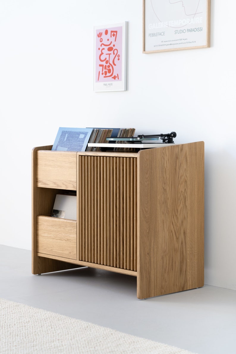 Modern oak media console with flip-box and lattice doors
