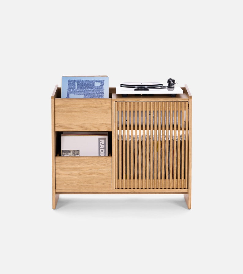 Modern oak media console with flip-box and lattice doors