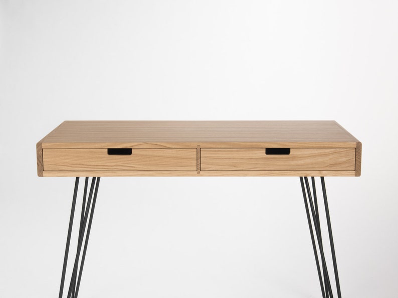 HEIM 2 PLUS compact desk with two drawers, solid oak wood, steel hairpin legs, customizable fronts, hardwax oil finish