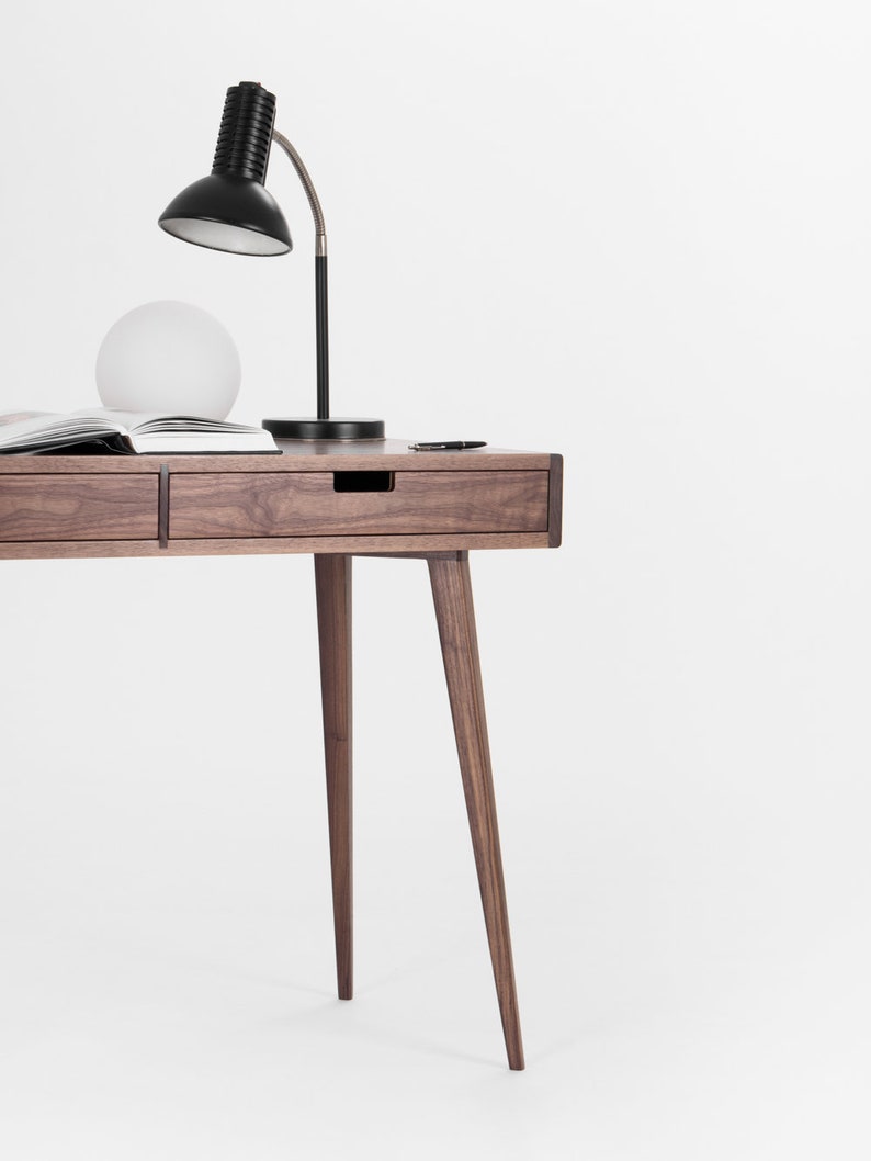 HEIM 2 compact office desk with two drawers, customizable fronts, walnut veneer, finished with hardwax oil