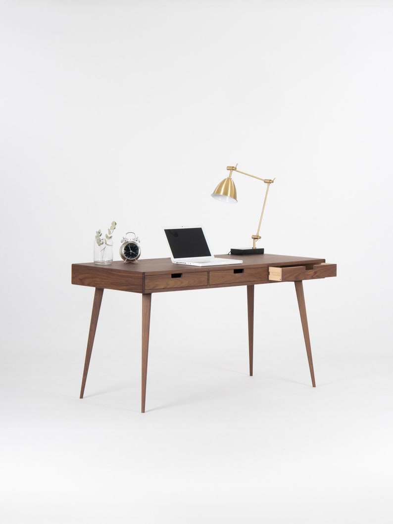 HEIM 3 EXTENDED office desk in American walnut with three drawers and back compartments, finished in hardwax oil