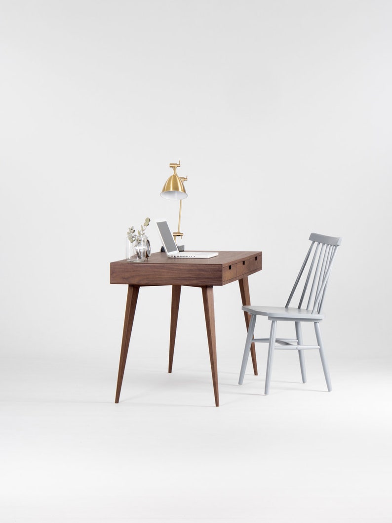 HEIM 3 EXTENDED office desk in American walnut with three drawers and back compartments, finished in hardwax oil