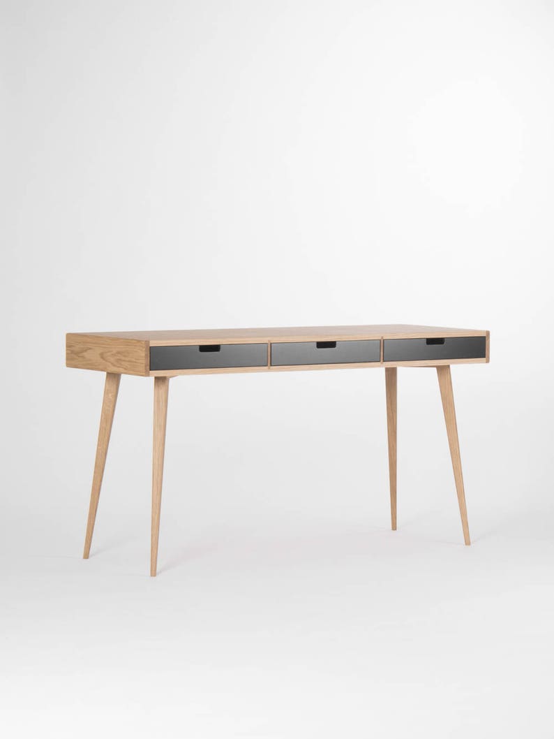 HEIM 3 office desk with three drawers, oak veneer, customizable black fronts, finished with hardwax oil