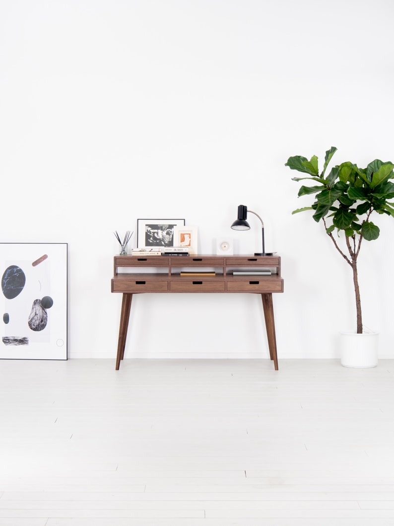 HEIM 6 office desk with six drawers, three above and three below the tabletop, walnut veneer, customizable fronts, hardwax oil finish