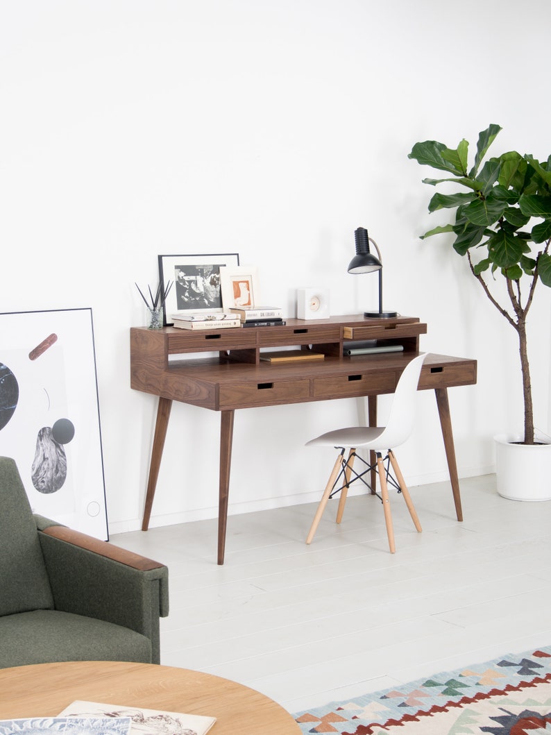HEIM 6 office desk with six drawers, three above and three below the tabletop, walnut veneer, customizable fronts, hardwax oil finish