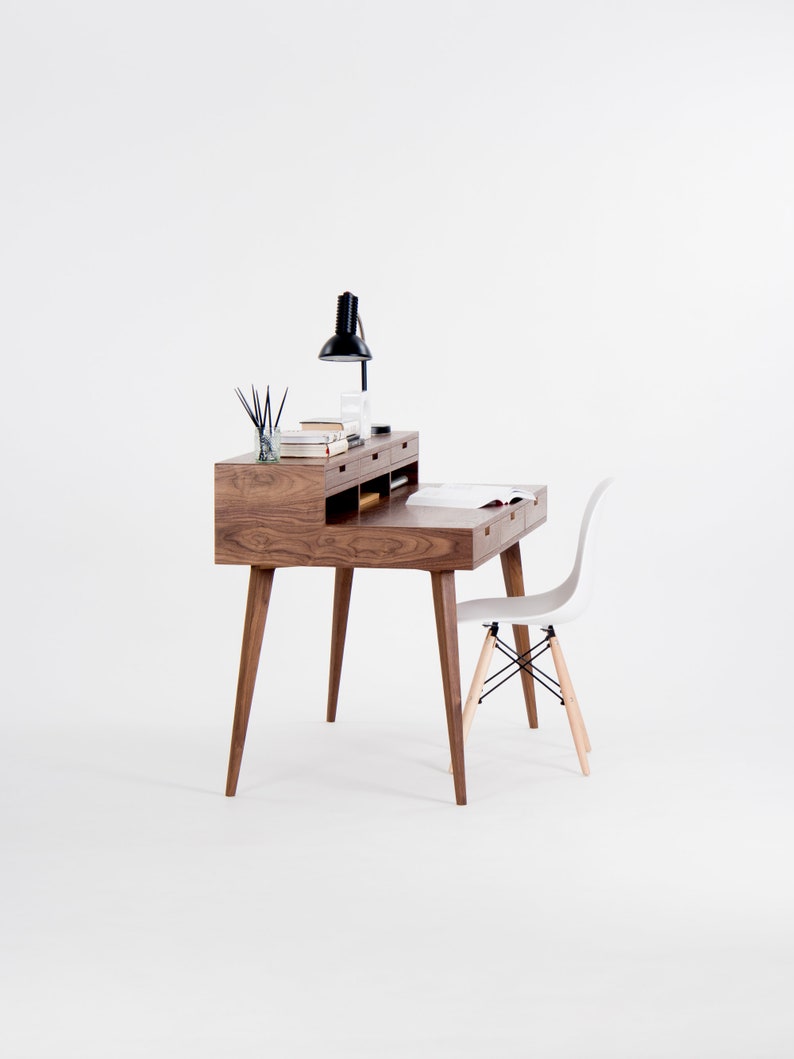 HEIM 6 office desk with six drawers, three above and three below the tabletop, walnut veneer, customizable fronts, hardwax oil finish