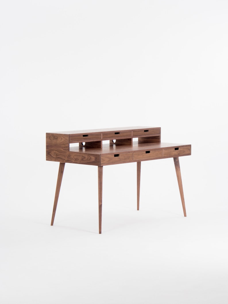 HEIM 6 office desk with six drawers, three above and three below the tabletop, walnut veneer, customizable fronts, hardwax oil finish