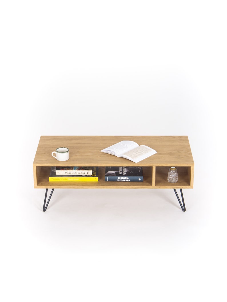 KUUB 3/4+ coffee table with 3/4 and 1/4 open compartments, solid wood top and black steel hairpin legs, finished with hardwax oil
