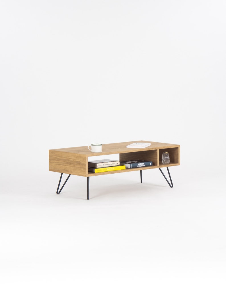 KUUB 3/4+ coffee table with 3/4 and 1/4 open compartments, solid wood top and black steel hairpin legs, finished with hardwax oil
