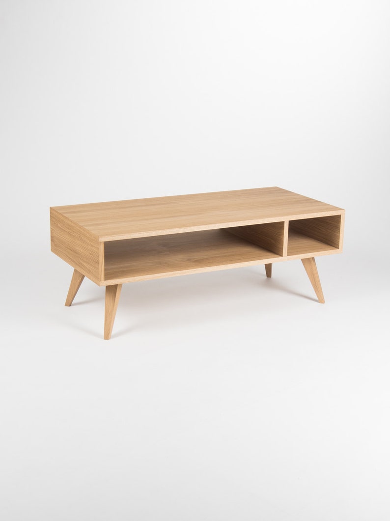 KUUB 3/4 coffee table with rectangular top and open storage compartment in oak or walnut, finished with hardwax oil