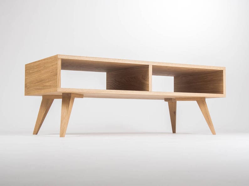 KUUB 1/2 rectangular coffee table with two open compartments and central divider in solid oak, finished in hardwax oil