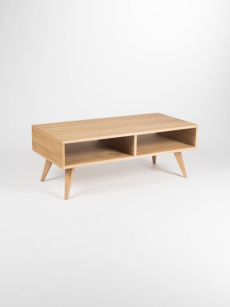 KUUB 1/2 rectangular coffee table with two open compartments and central divider in solid oak, finished in hardwax oil