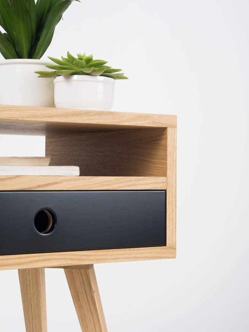 KUUB D&S nightstand with drawer and open shelf, solid oak, customizable front, and hardwax oil finish