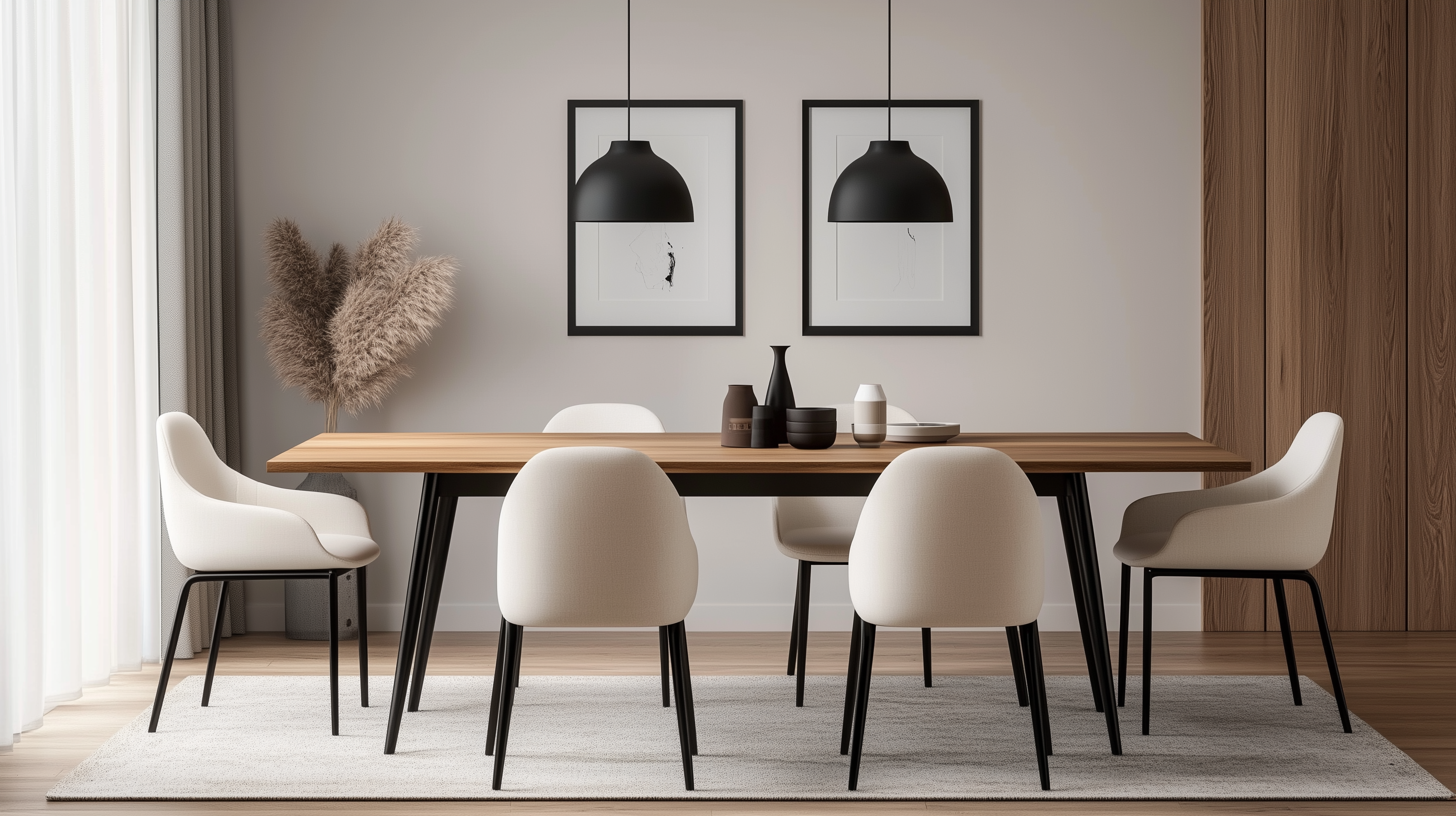 Modern dining room with a sleek wooden table, off-white minimalist chairs, black pendant lights, and neutral tones.