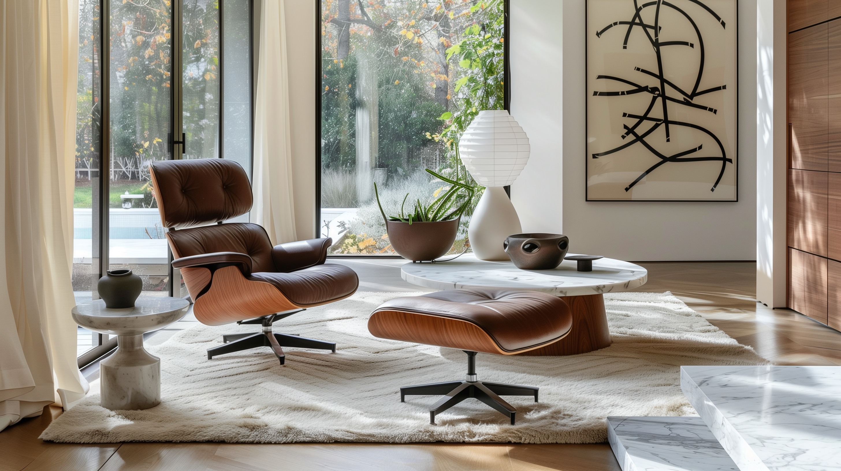 Mid-century modern luxury living room with walnut furniture, Eames lounge chair, sculptural lighting, and minimalist decor.