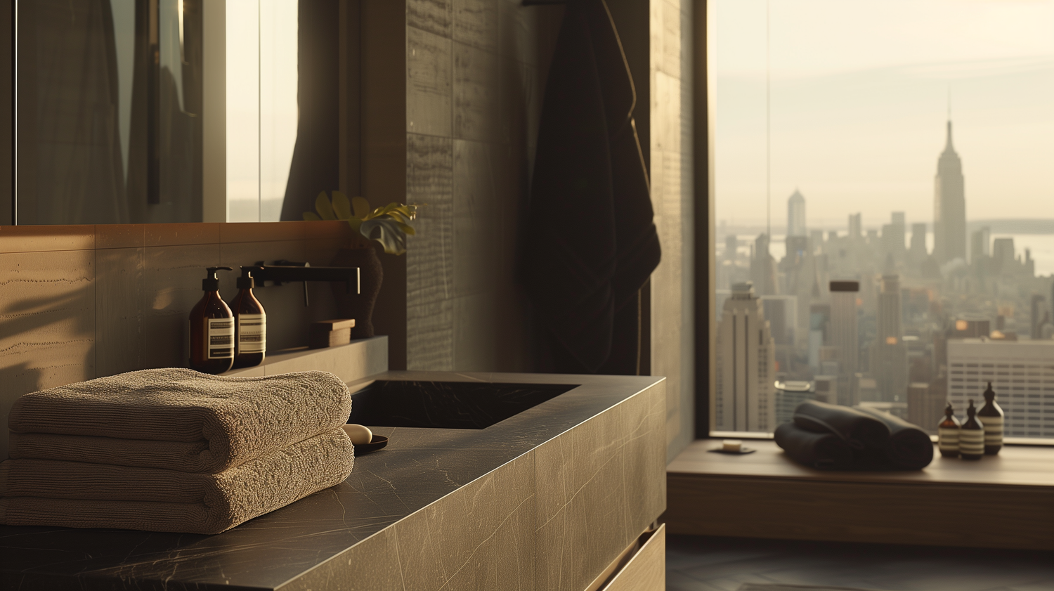 Minimalist sunlit bathroom with beige towels and a floor-to-ceiling window offering a panoramic view of New York City.
