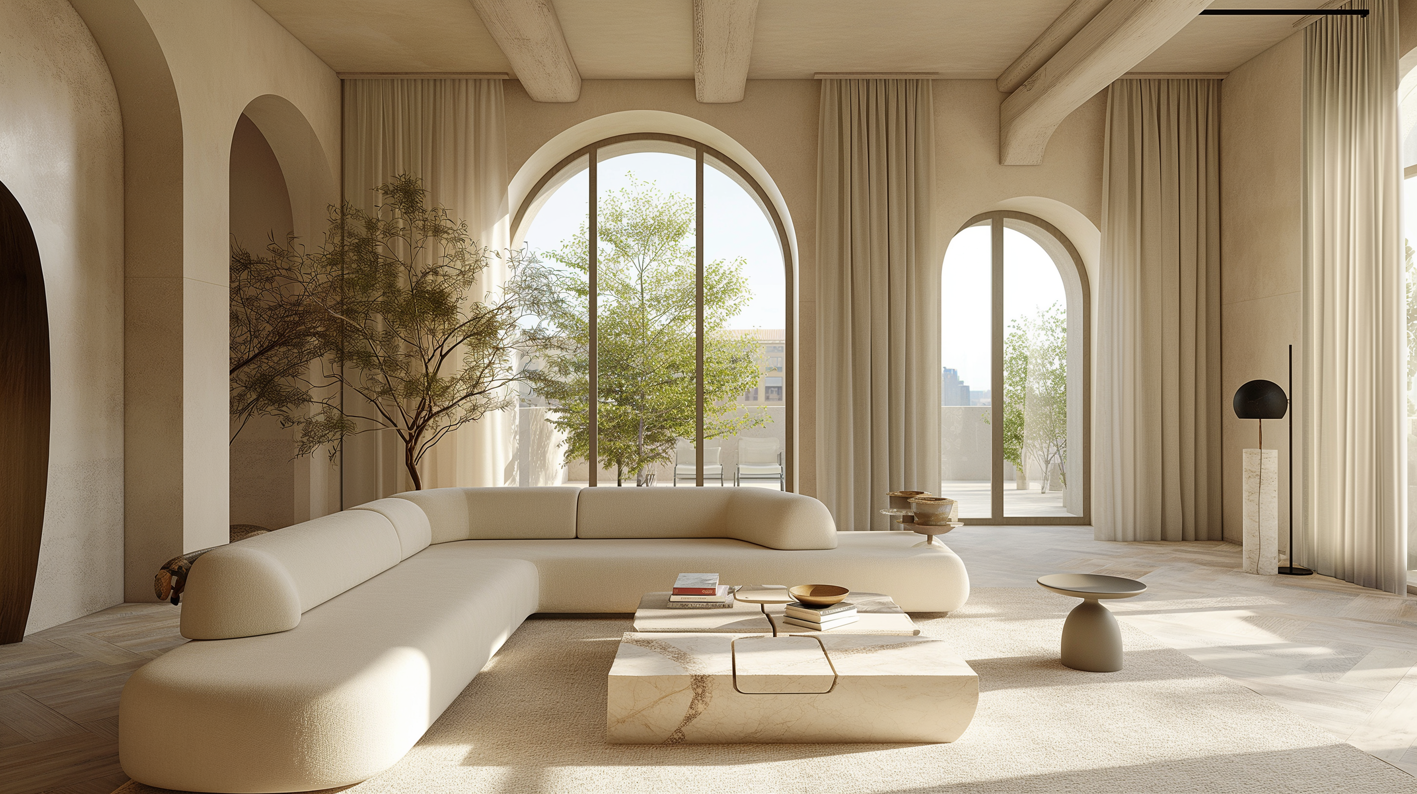 Bright and luxurious living room with a marble coffee table, linen designer sofa, and refined gold and olive accents under soft summer light.