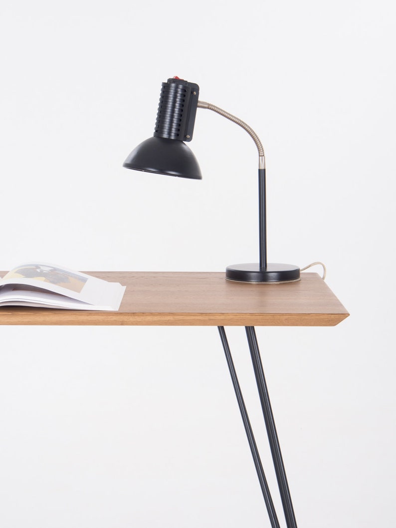 EDGE PLUS solid oak office desk with angled edges and black steel hairpin legs, minimalist design for modern home offices or studios