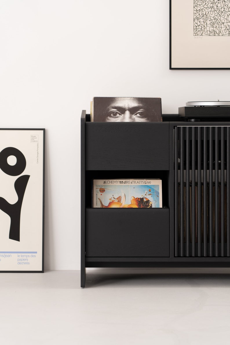 Solid oak media console in black with brass divider and two drawers