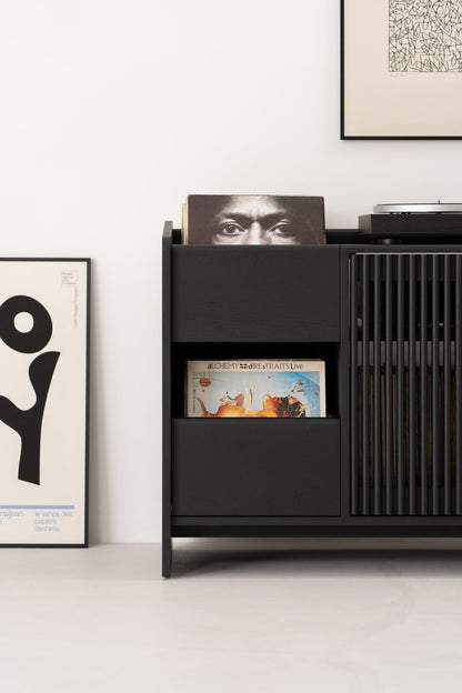 Solid oak media console in black with brass divider and two drawers