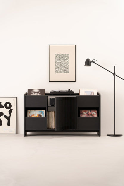 Solid oak media console in black with brass divider and two drawers