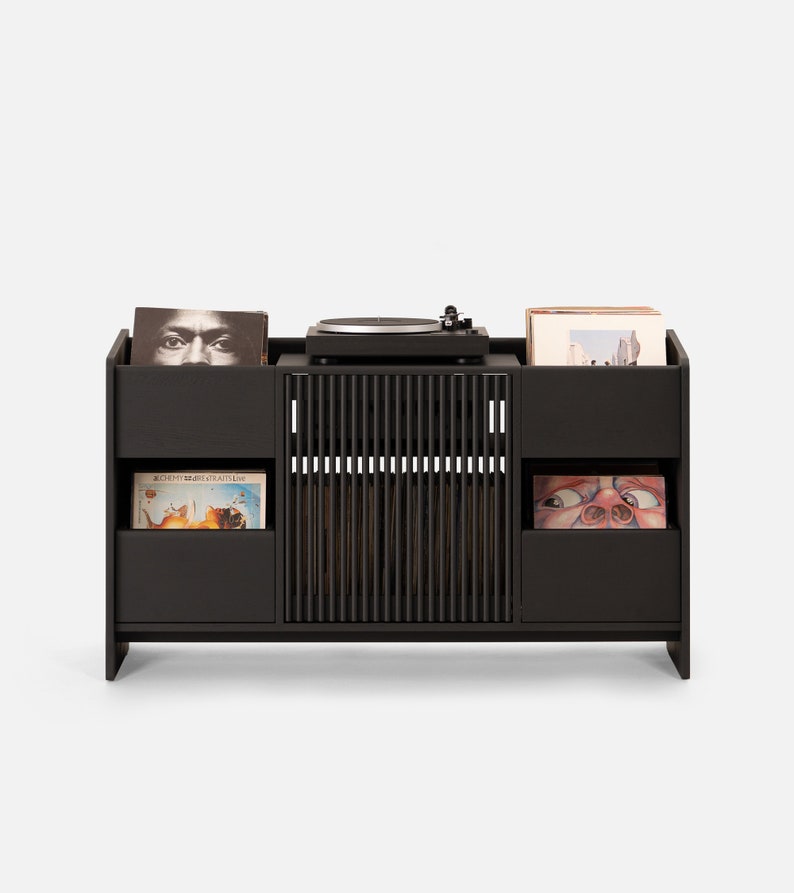 Solid oak media console in black with brass divider and two drawers