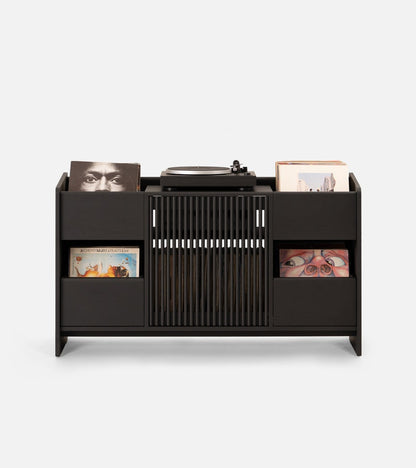 Solid oak media console in black with brass divider and two drawers