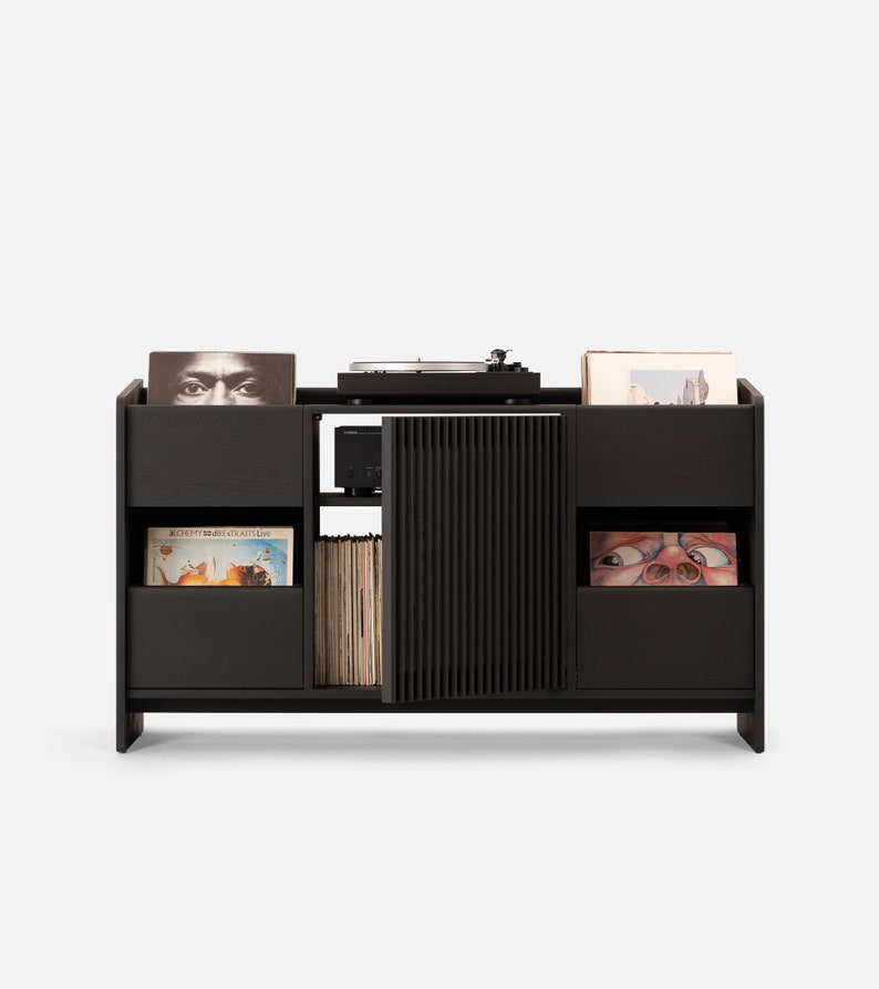 Solid oak media console in black with brass divider and two drawers