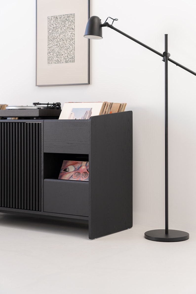 Solid oak media console in black with brass divider and two drawers