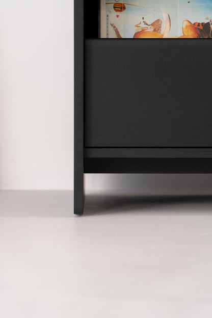Solid oak media console in black with brass divider and two drawers