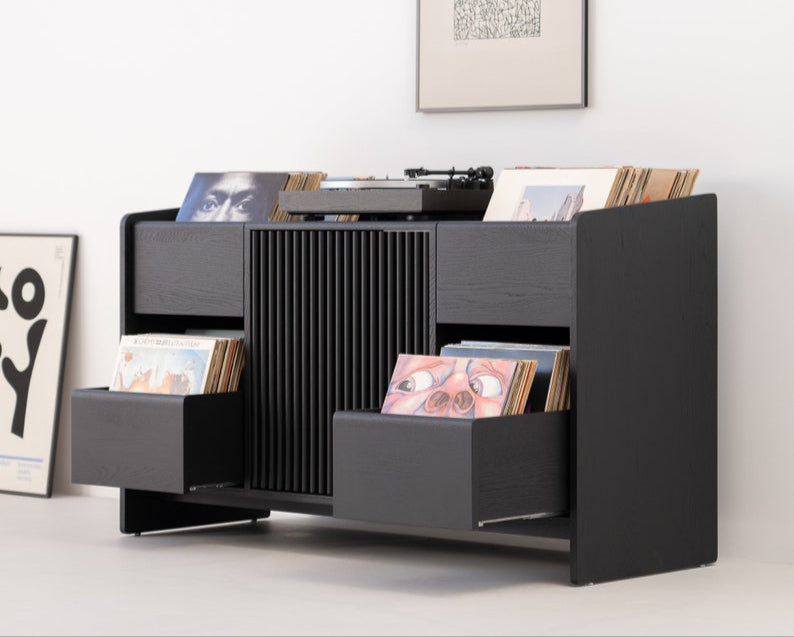 Solid oak media console in black with brass divider and two drawers