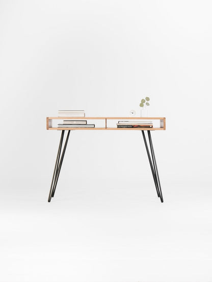 HEIM 0 PLUS solid wood desk with two open compartments and black steel hairpin legs, finished in oak with hardwax oil