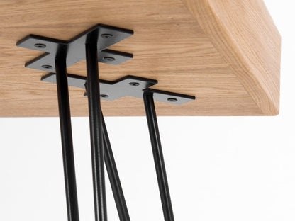HEIM 0 PLUS solid wood desk with two open compartments and black steel hairpin legs, finished in oak with hardwax oil
