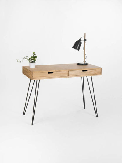 HEIM 2 PLUS compact desk with two drawers, solid oak wood, steel hairpin legs, customizable fronts, hardwax oil finish
