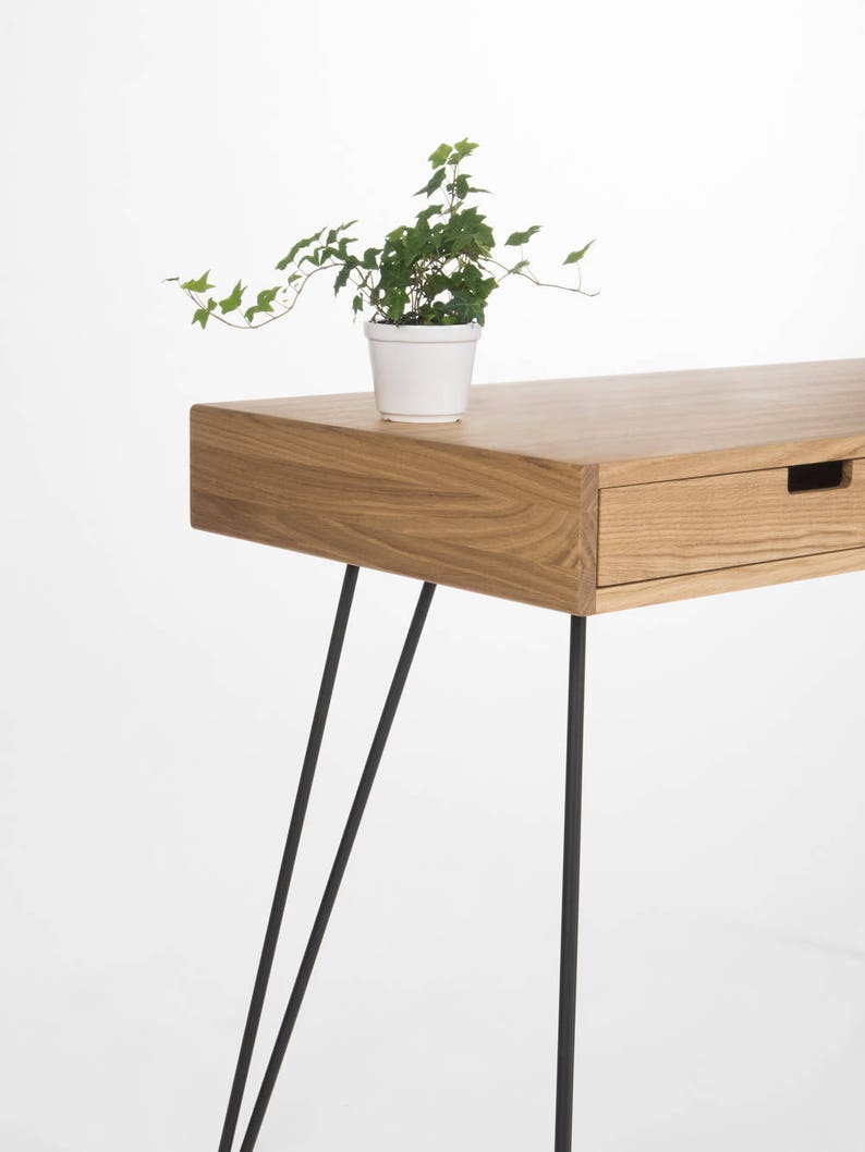 HEIM 2 PLUS compact desk with two drawers, solid oak wood, steel hairpin legs, customizable fronts, hardwax oil finish