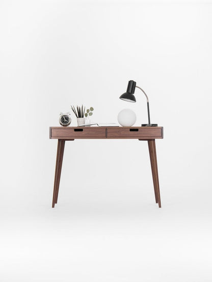 HEIM 2 compact office desk with two drawers, customizable fronts, walnut veneer, finished with hardwax oil