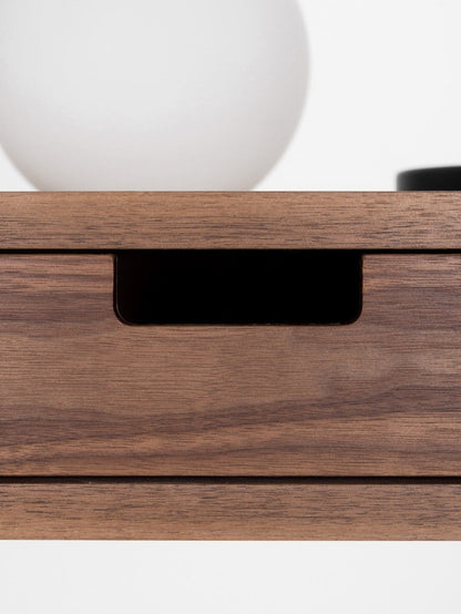 HEIM 2 compact office desk with two drawers, customizable fronts, walnut veneer, finished with hardwax oil