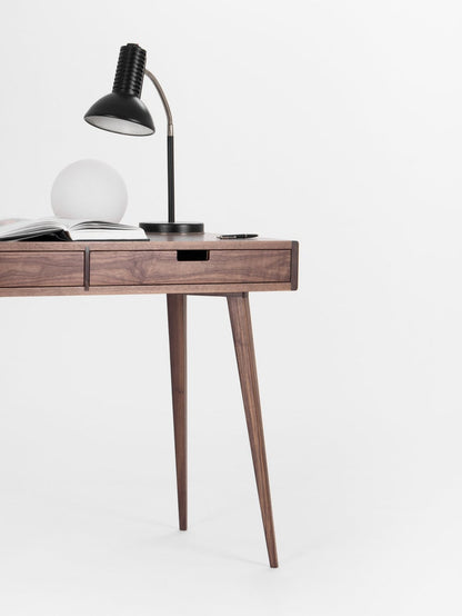 HEIM 2 compact office desk with two drawers, customizable fronts, walnut veneer, finished with hardwax oil