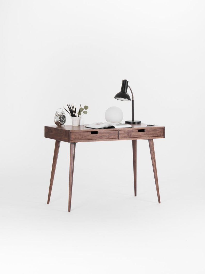 HEIM 2 compact office desk with two drawers, customizable fronts, walnut veneer, finished with hardwax oil
