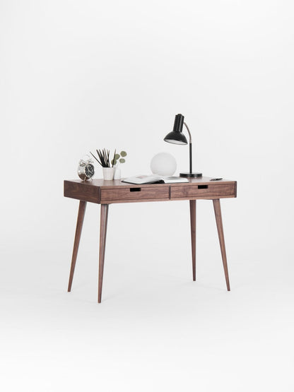 HEIM 2 compact office desk with two drawers, customizable fronts, walnut veneer, finished with hardwax oil