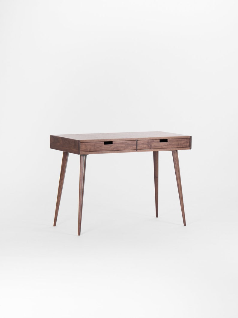 HEIM 2 compact office desk with two drawers, customizable fronts, walnut veneer, finished with hardwax oil