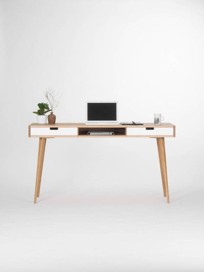 HEIM 2 RECESS desk with two drawers and recessed open shelf, solid oak, customizable fronts, and hardwax oil finish