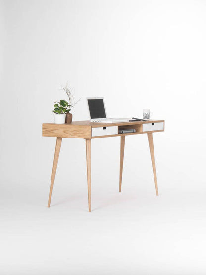 HEIM 2 RECESS desk with two drawers and recessed open shelf, solid oak, customizable fronts, and hardwax oil finish
