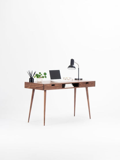 HEIM 2 RECESS desk with two drawers and recessed open shelf, walnut veneer, customizable fronts, and hardwax oil finish