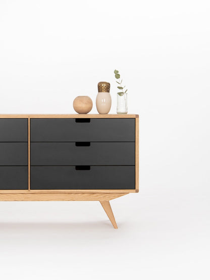 HEIM 6 sideboard with spacious drawers, customizable fronts, solid oak, minimalist design