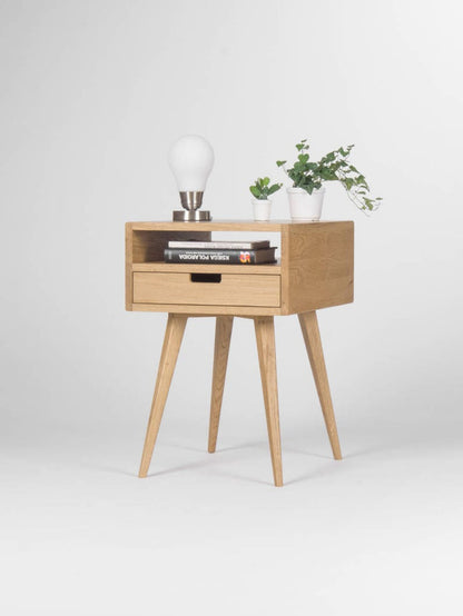 HEIM D&amp;S nightstand with one drawer and open shelf in walnut, customizable front, hardwax oil finish
