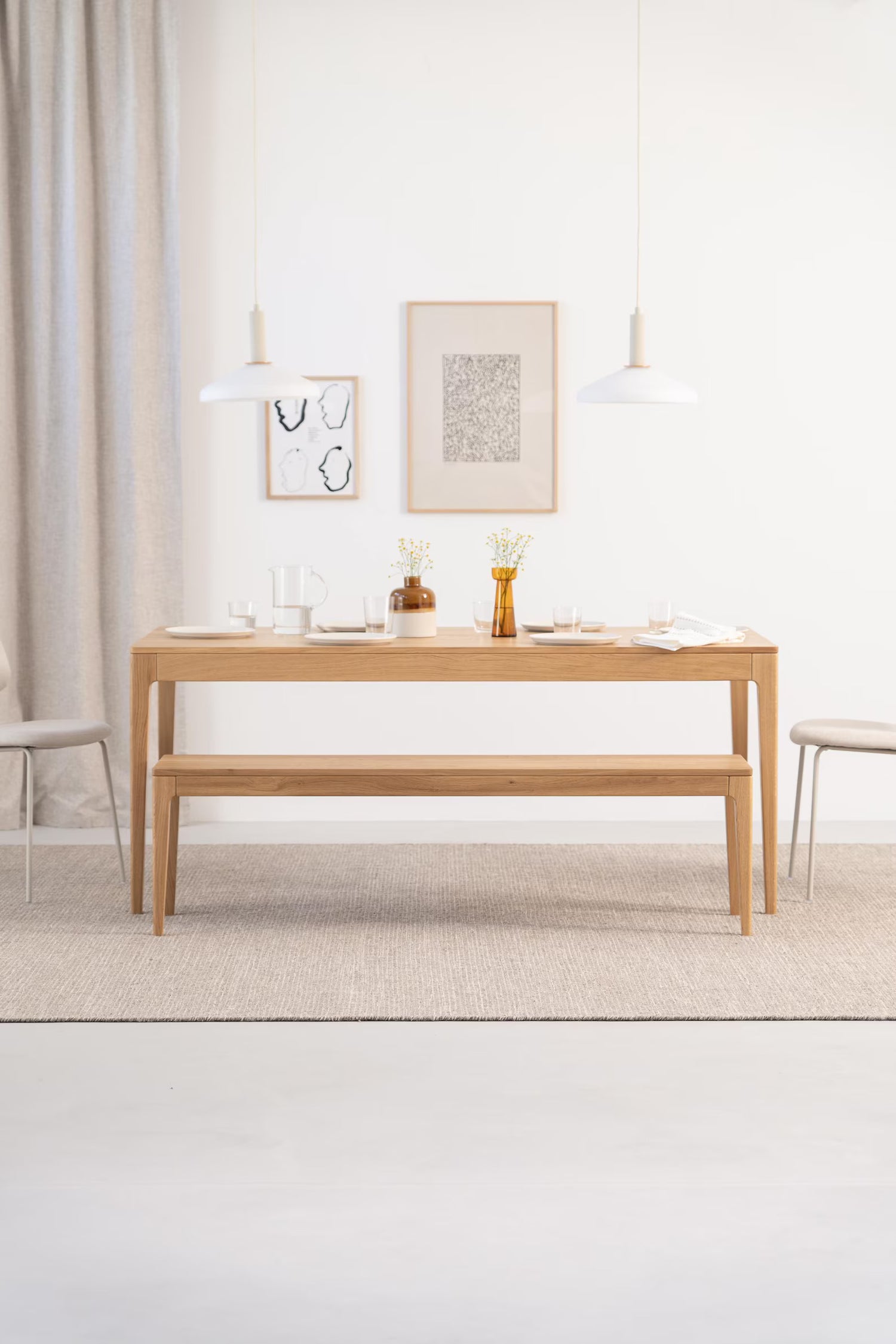 180 cm solid oak dining table set with 160 cm benches, natural finish, benches also suitable for other spaces 