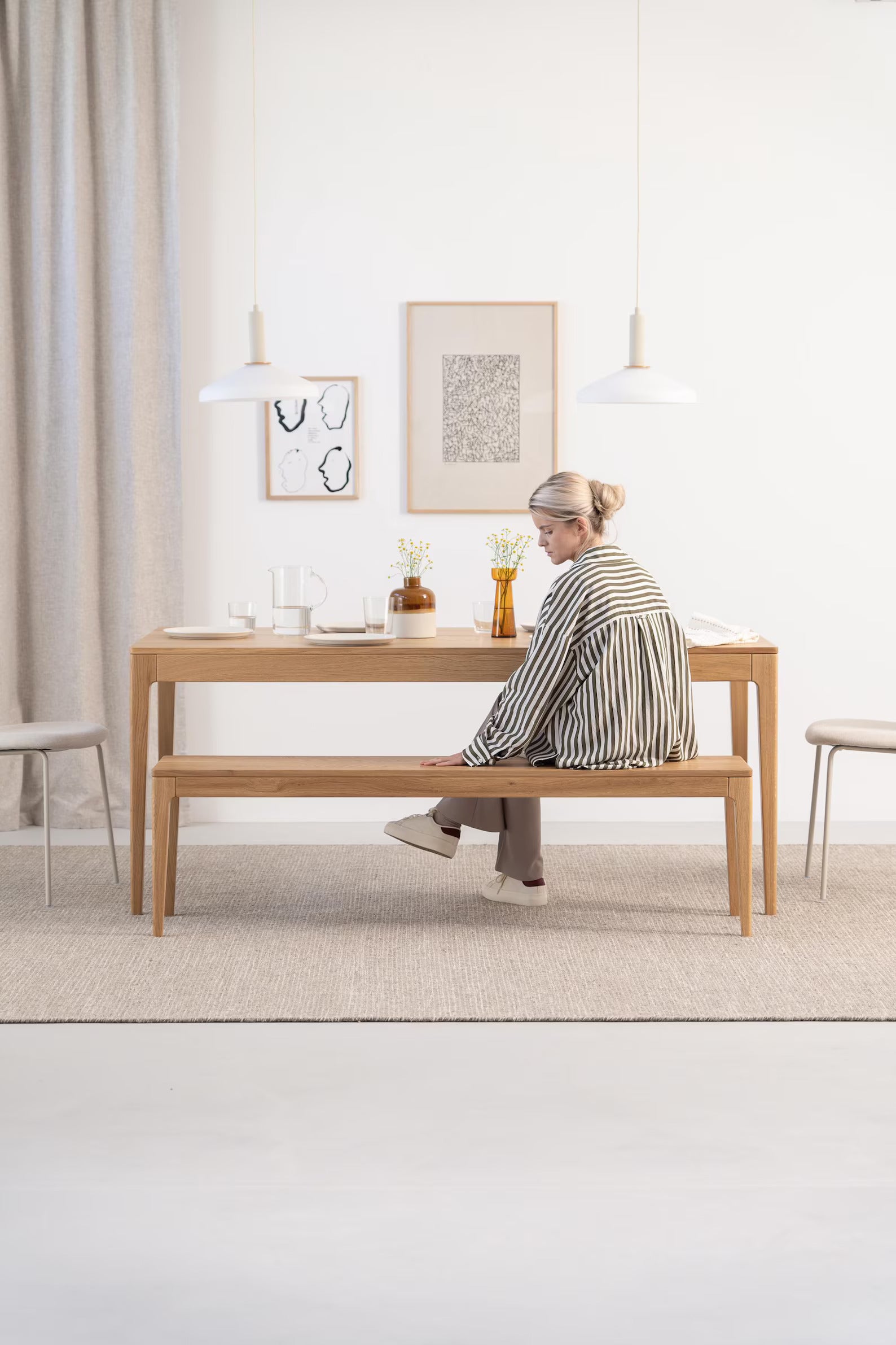 180 cm solid oak dining table set with 160 cm benches, natural finish, benches also suitable for other spaces 