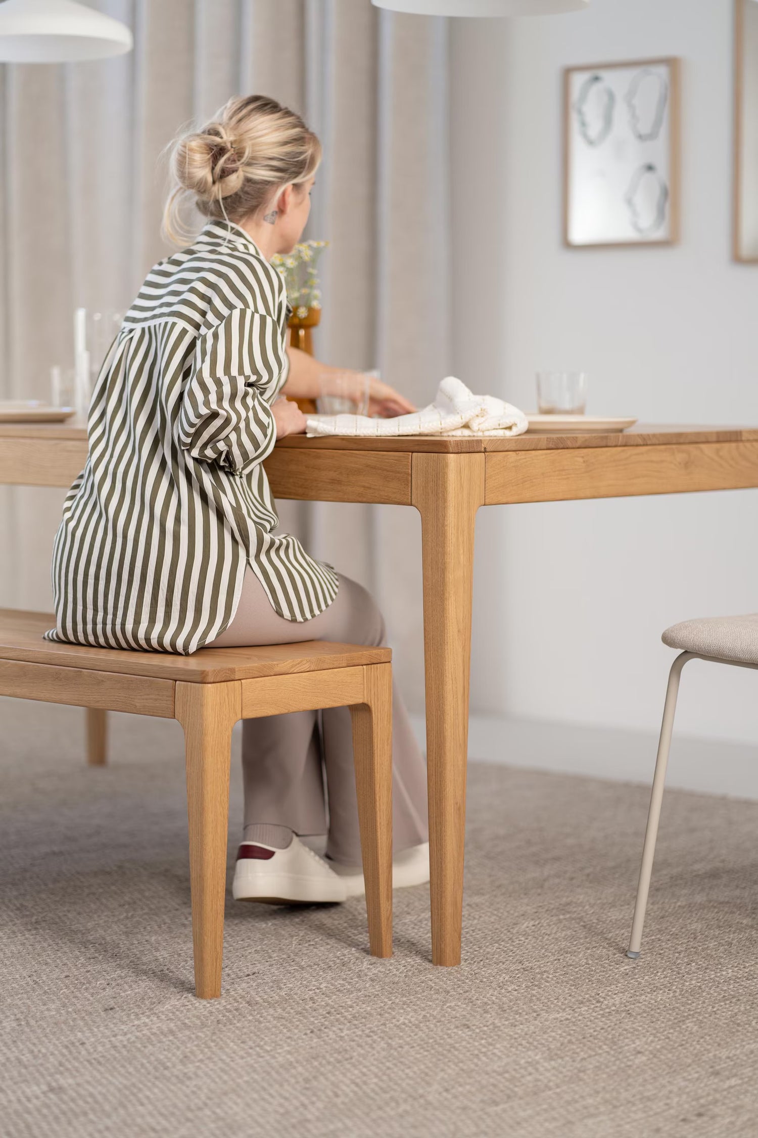 180 cm solid oak dining table set with 160 cm benches, natural finish, benches also suitable for other spaces 